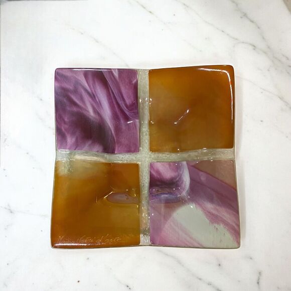 Studio Fused Art Deco Glass Square Trinket Key Jewelry Dish - Signed by Artist - Picture 1 of 11